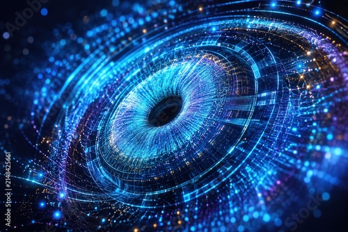 Abstract Digital Eye: A mesmerizing, futuristic digital eye composed of intricate blue and purple light circuits and particles, symbolizing technology, data, and artificial intelligence.