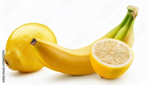 Whole Cut Banana And Lemon Isolated On White Background With Clipping Path