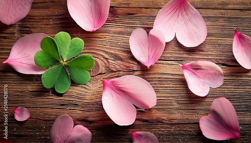 Green Shamrock And Pink Petals On Rustic Wooden Background