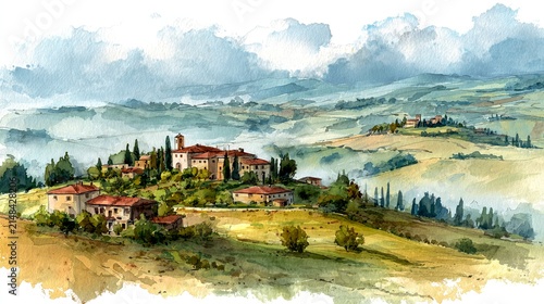 A beautiful watercolor painting of a serene Tuscan village. Rolling hills surround charming houses nestled among trees. This scenic artwork captures tranquility and rustic beauty. AI