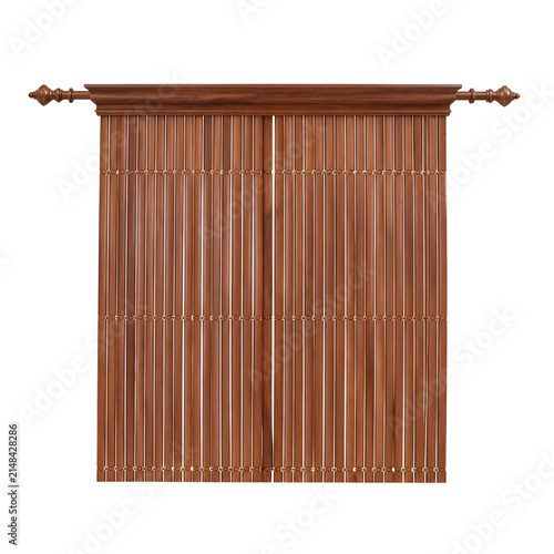 Classic Wooden Beaded Curtain with Decorative Rod and Finials, Retro Wood Hanging Blinds for Interior Design Vector Illustration