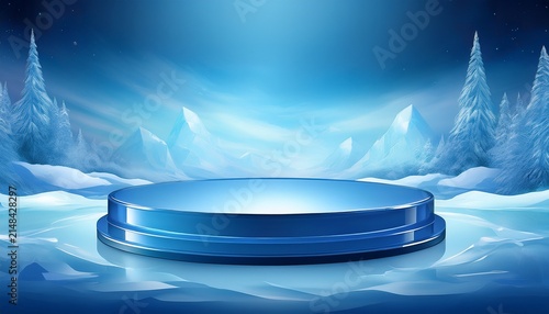 Abstract Blue Ice Background With A Podium For Product Presentation The Podium In The Center Of An Icy Landscape