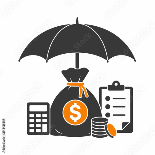 Financial Security Concept: Umbrella Protecting Money Bag, Calculator, Clipboard, and Coins - Financial Protection and Insurance