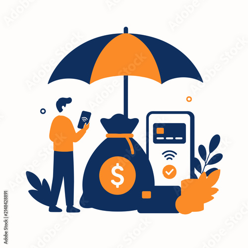 Digital Payment Security Concept: Person with smartphone under umbrella protecting money bag and payment terminal