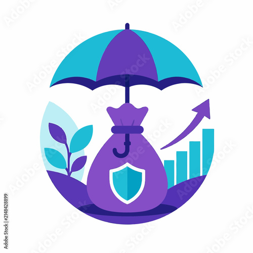 Financial Security and Growth: Umbrella Protecting Money Bag with Growth Chart and Plant