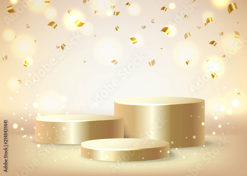 Realistic Golden Podium And Glitter With Bokeh