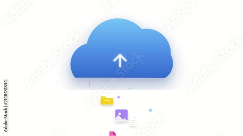 Cloud storage icon with upload arrow and colorful file symbols  