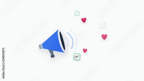 Blue megaphone with sound waves and social media icons and hearts  