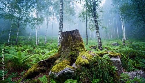 Mossy Tree Stump In Misty Birch Forest With Ferns And Rocks
