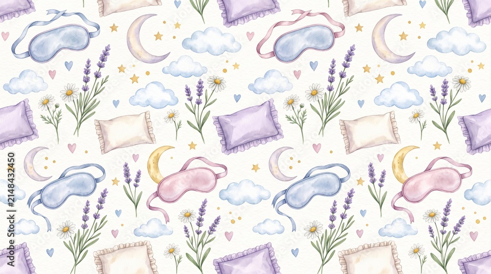 Naklejka premium Watercolor sleep pattern with lavender and pillows. Cute night rest background design.