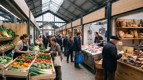 Busy urban market with local produce and fresh food stalls
