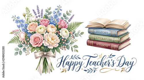 A beautiful watercolor illustration featuring a vibrant floral bouquet and a stack of vintage books for celebrating happy teachers day