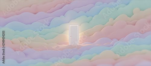 Illuminated doorway in surreal pastel cloud landscape