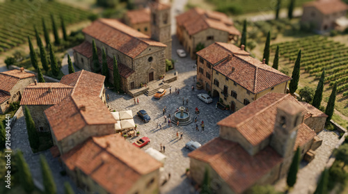 Tuscan Village Square with Church and Vineyard