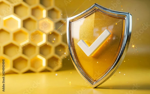 Golden security shield with verification checkmark on honeycomb background