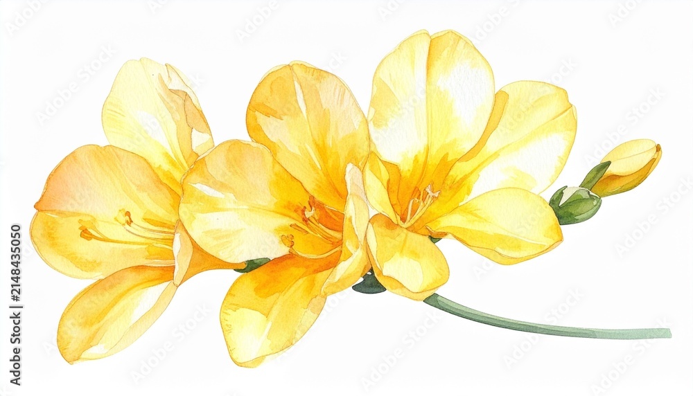 Fototapeta premium Elegant watercolor illustration of a blooming yellow freesia flower isolated on a clean white background.