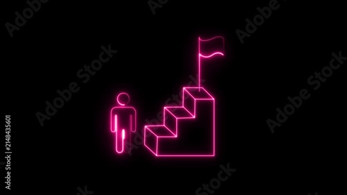 Glowing green neon business success leadership mentorship icon animation  Glowing neon line of man going up stairs to the flag icon. 4K video motion graphic animation
