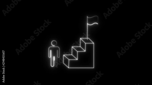Glowing green neon business success leadership mentorship icon animation  Glowing neon line of man going up stairs to the flag icon. 4K video motion graphic animation