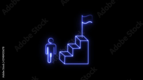 Glowing green neon business success leadership mentorship icon animation  Glowing neon line of man going up stairs to the flag icon. 4K video motion graphic animation