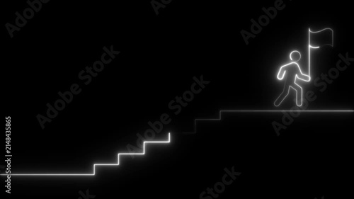 Animated neon icon of a running man with a flag climbing upward arrows. Represents business progress, goal achievement, and a journey to success. Glowing neon  on black background animation 
