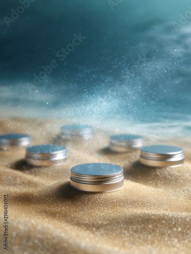 Shiny silver containers resting on a sandy surface. Soft light highlights the textures. A dreamy underwater scene. This image captures beauty and tranquility. AI