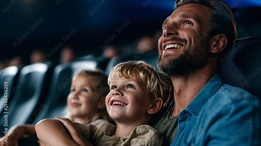 Fototapeta premium Family watching movie at cinema enjoying entertainment together