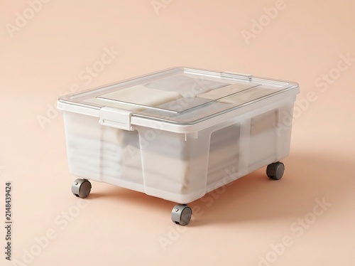 clear plastic storage container with wheels and folded clothes