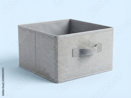 Grey Fabric Storage Bin with Handle on Clean Light Blue Background