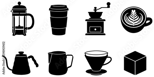 Bild auf Leinwand Coffee Brewing Icons Set: French Press, Grinder, Pour Over, Latte Art Cup, Goose