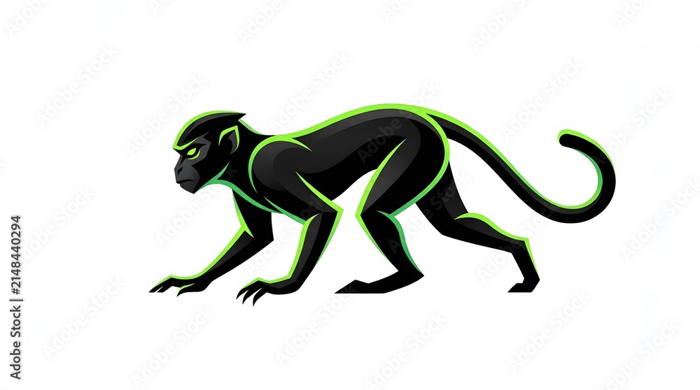 Fototapeta premium Stylized black and neon green monkey mascot logo illustration isolated on white background