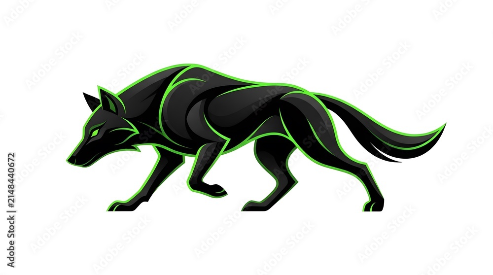 Fototapeta premium Stylized aggressive wolf mascot logo with neon green outlines on a white background