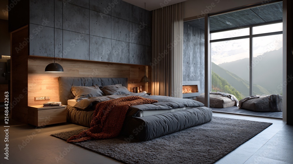 Obraz premium Modern Bedroom with Large Window and Mountain View, Cozy Living Space