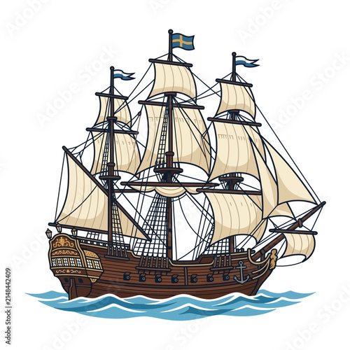 Vintage Sailing Ship on Waves Illustration.