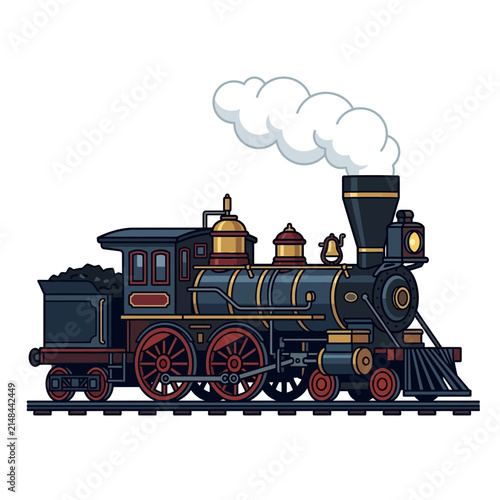 Vintage Steam Locomotive Puffing Smoke on Tracks.