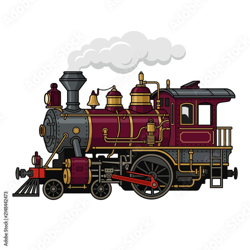 Vintage Steam Locomotive Train with Smoke Isolated on White Background 1.