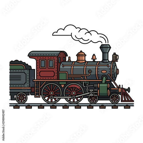 Vintage Steam Locomotive Train with Smoke on Tracks.