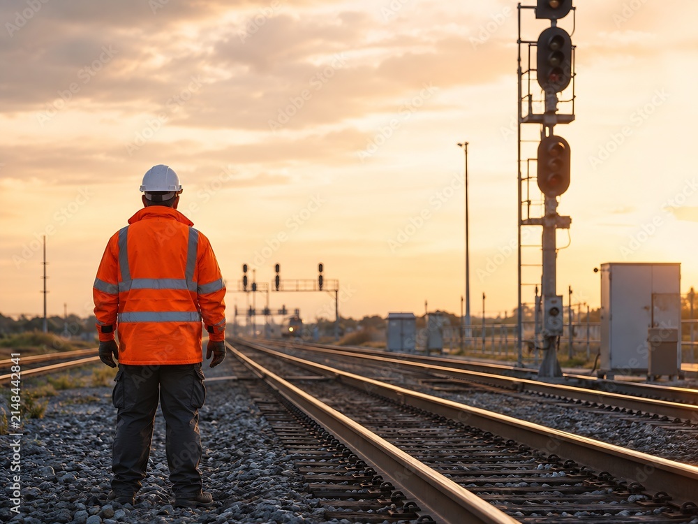 Naklejka premium Railway inspector standing beside train tracks