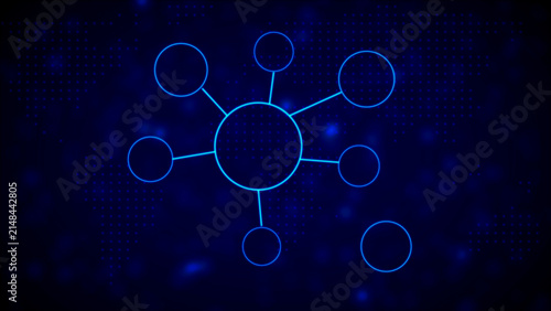 Obraz na płótnie A luminous blue network diagram with a central circle connected to seven smaller