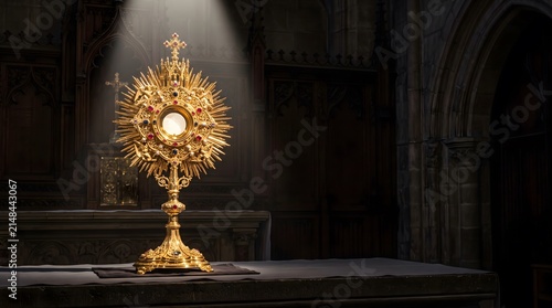 Monstrance holding the Eucharist in a church, sacred ritual and religious devotion faith and spirituality