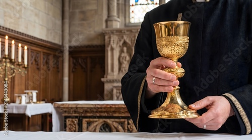 Priest holding golden chalice in church, religious ceremony and sacrament faith and spirituality
