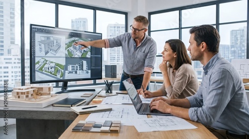 Creative architects team collaborating on new building design project in modern office environment
