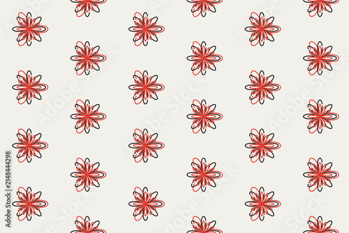 Seamless floral pattern with red and black line art elements on soft cream background elegant decorative motif art.