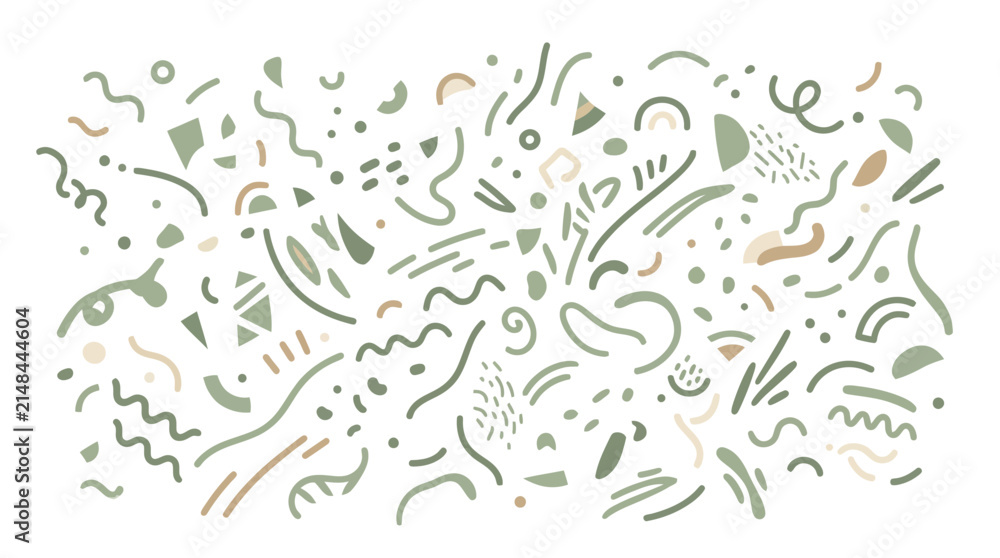 Naklejka premium Abstract Organic Shapes Pattern, Hand Drawn Doodles, Green and Beige