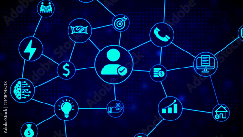 A central of a person with a checkmark is connected to a network of business including money, lightbulb, handshake, target, phone, computer, graph, and house, all in bright blue on a dark blue