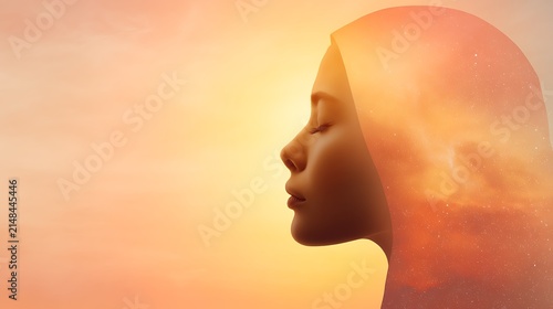 Hijab silhouette divine feminine profile view of woman with closed eyes and double exposure effect of sunset clouds and stars