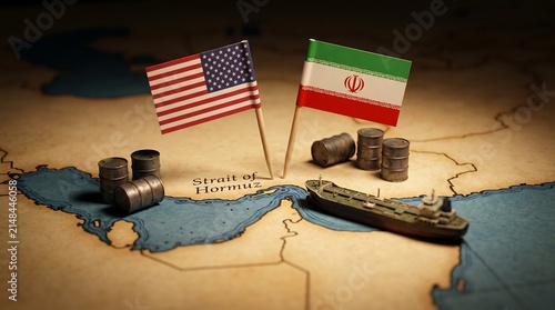 USA and Iran Flags on Strait of Hormuz Map with Oil Barrels