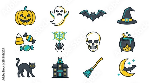 Set of cute hand drawn halloween stickers featuring pumpkins ghosts bats witches hats candy spiders skulls cauldrons black cats and haunted houses