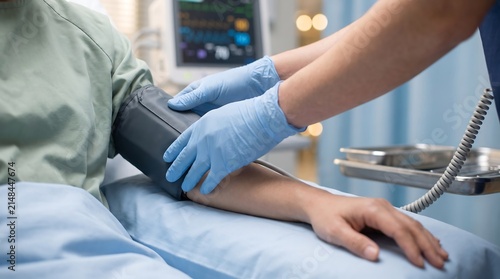 Healthcare professional measuring blood pressure of a patient in hospital
