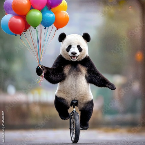 A whimsical panda is impressively balancing on a unicycle while holding colorful balloons