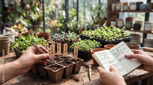 Closeup of human hands planting various microgreen seeds into biodegradable peat pots with wooden labels inside a bright greenhouse environment